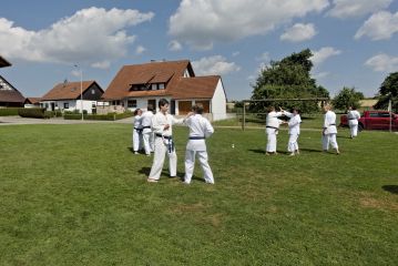 Mehrere Karateka üben auf einer Wiese paarweise. Die Sonne scheint.