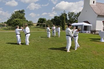 Mehrere Karateka üben auf einer Wiese paarweise. Die Sonne scheint.
