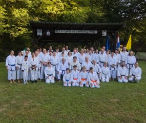 Viele Karateka sind in Reihen auf einer Wiese vor einem Pavillon aufgereiht. Die vordere Reihe kniet im seiza, die hinteren Reihen stehen.